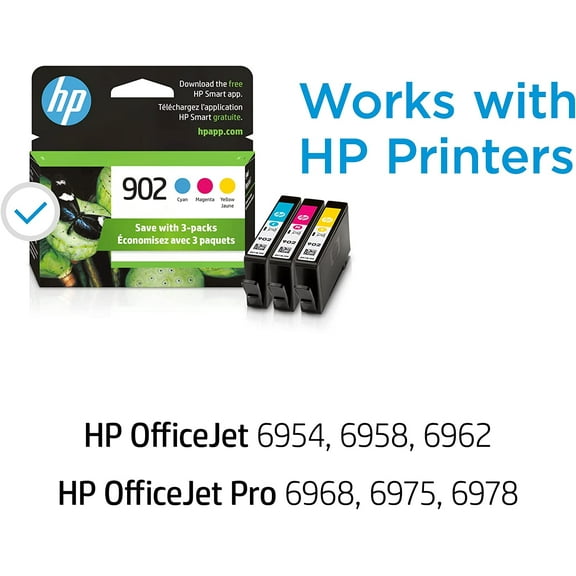 902 Cyan, Magenta, Yellow Ink Cartridges Printers | Works with Printer Series: OfficeJet 6950, 6960; OfficeJet Pro 6960, 6970 | Eligible for Ink | T0A38AN