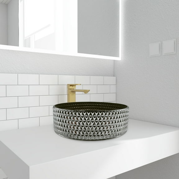 90210 Kitchen and Bath 14" Silver Glass Round Vessel Sink For Bathroom Vanity