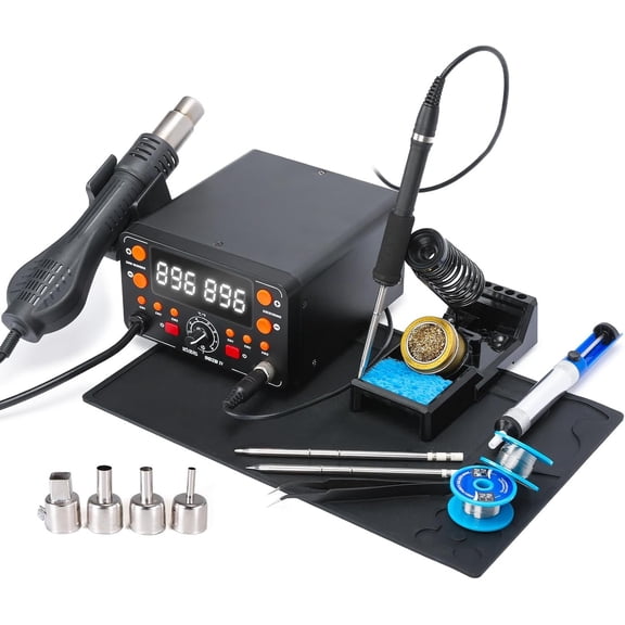 902D IV T12 Hot Air Soldering Station 2-IN-1 Kit with Display, Small Work Mat, 2 Soldering Tips, 2 Solder, Solder Sucker, ESD-Safe Tweezers