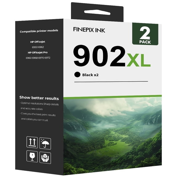 902XL Ink Cartridge Compatible for HP 902 902XL 2 Pack Printer Ink for OfficeJet Pro 6968 6978 6958 6978 6968 6970 6971 6974 6975 6979 6960 6961 6963 6964 6965 6966 6950 902 XL (2 x Black)