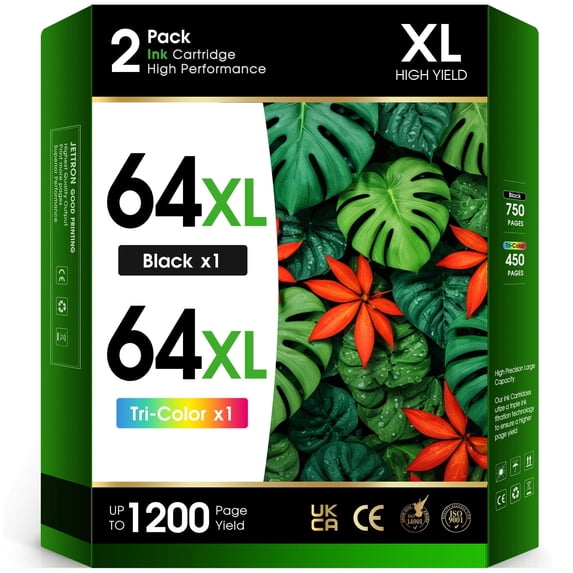 64XL Ink Cartridges Compatible for HP 64XL Ink Cartridges Comb Pack for HP Printer Ink 64 for HP ENVY Photo 7800 7858(1 Black, 1 Tri-Color)