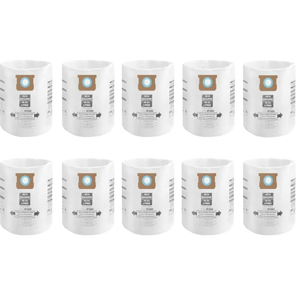 90662, Disposable Collection Filter Bags,Fits Shop-Vac 10-14 Gallon Disposable Filter Bags, 10-Pack, Type F