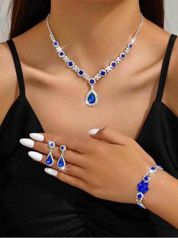907660 Royal Blue Suit Royal Blue Teardrop Crystal Jewelry Set: Necklace