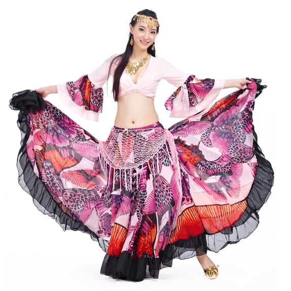 90CM/96CM((35.4 inch/37.8 inch) Chiffon Flower Print Huge Skirt Swing Dress Belly Dance Skirt Gypsy skirt, 1 Coat +1 Skirt,pink,96cm(37.8 inch)