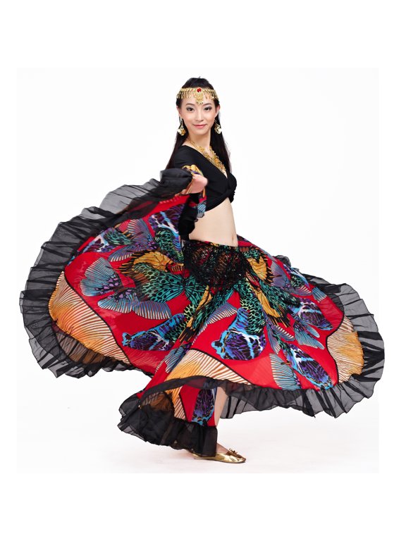 90CM/96CM((35.4 inch/37.8 inch) Chiffon Flower Print Huge Skirt Swing Dress Belly Dance Skirt Gypsy skirt, 1 Coat +1 Skirt,red,90cm(35.4 inch)