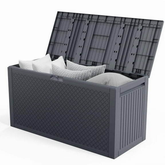 90GAL Outdoor Garden Storage Box with Wheels Weatherproof UV-Resistant Plastic Lockable Seat for Cushions Tools Toys Grey
