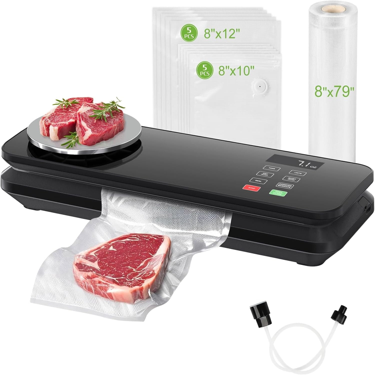 90KPA Food Vacuum Sealer with Kitchen Scale, One-Touch Automatic, Multiple Modes​​, Compact Design with 10 Vacuum Bags & Built-in Cutter