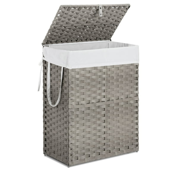Alvantor 90L Foldable Laundry Basket with Lid, Hand-Woven Hamper w/Removable Liner, Gray