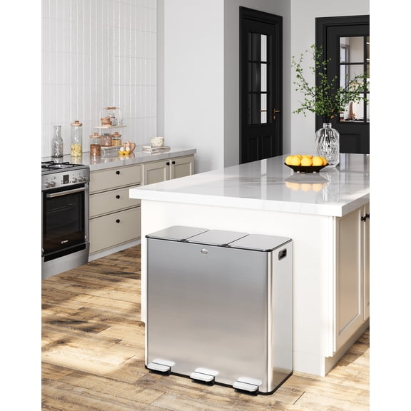 90L/24 Gallon Kitchen Trash Can with Dual Compartments, 3×8 Gallon Pedal Trash Bin with Recycling Bin, Soft-Close Lid, Stainless Steel Garbage Can for Kitchen Office Restaurant