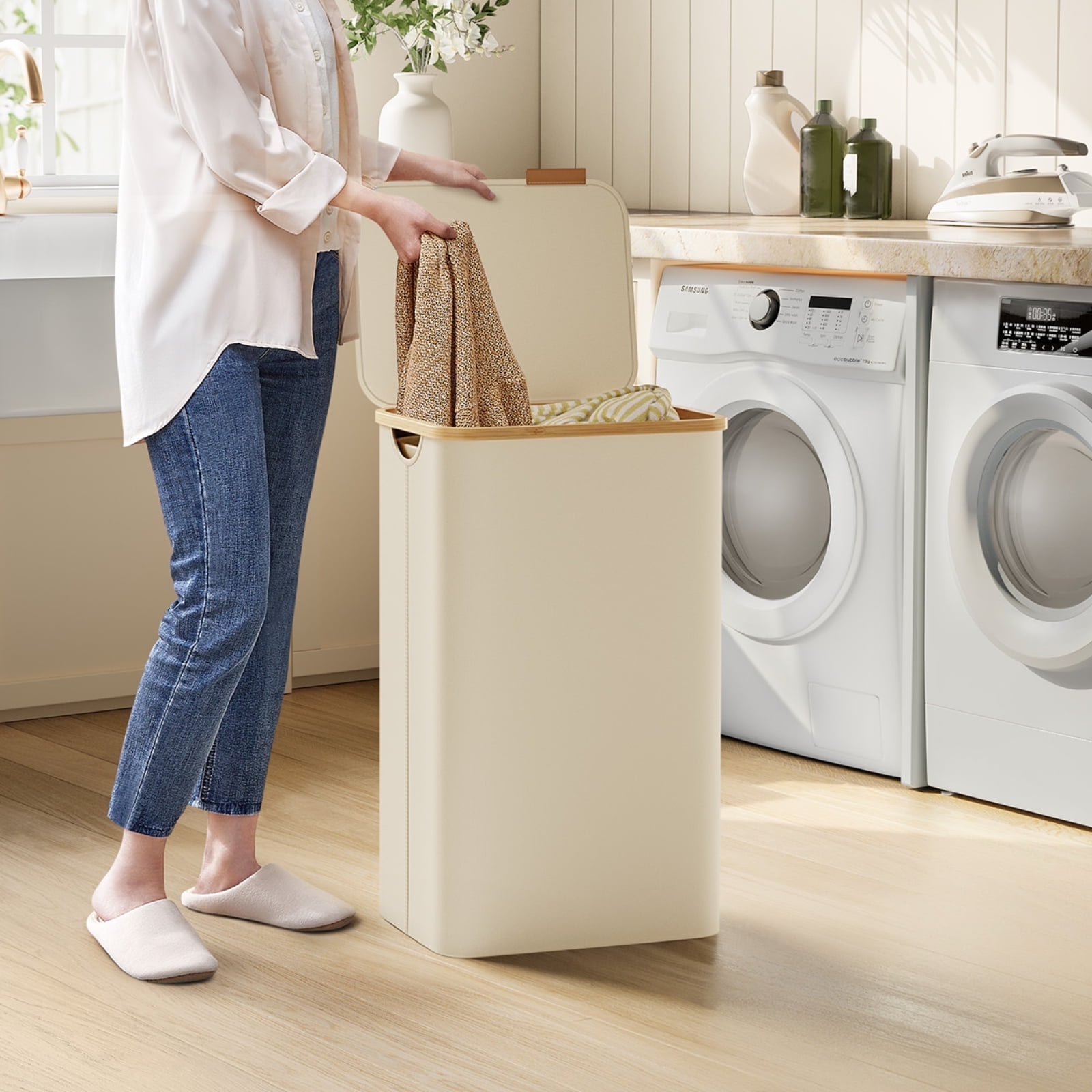 Cream White Collapsible Bamboo Laundry Hamper with Lid