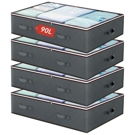 Underbed Storage Bag 90L, 4 Large Bins with Reinforced Handles Foldable Containers, Visible Clothes Storage Bags for Blanket Pillow Quilts, Closet Organizers