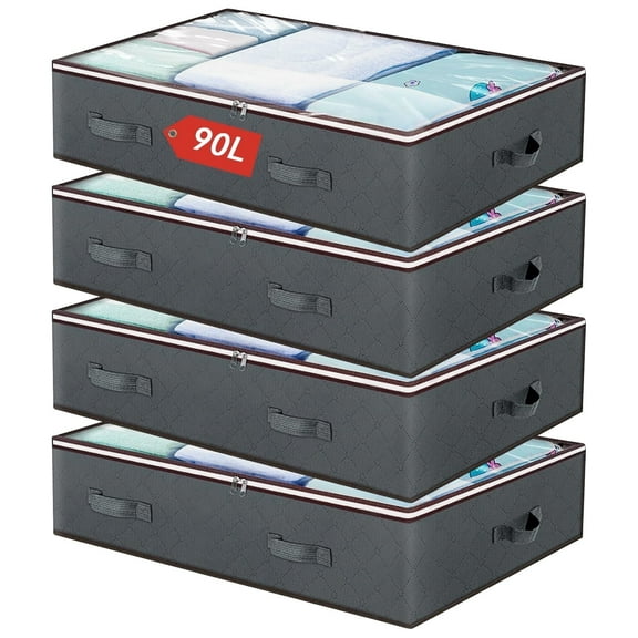 Underbed Storage Bag 90L, 4 Large Bins with Reinforced Handles Foldable Containers, Visible Clothes Storage Bags for Blanket Pillow Quilts, Closet Organizers
