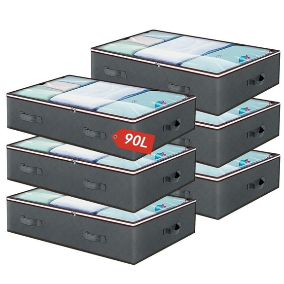 Underbed Storage Bag 90L, 6 Large Bins with Reinforced Handles Foldable Containers, Visible Clothes Storage Bags for Blanket Pillow Quilts, Closet Organizers