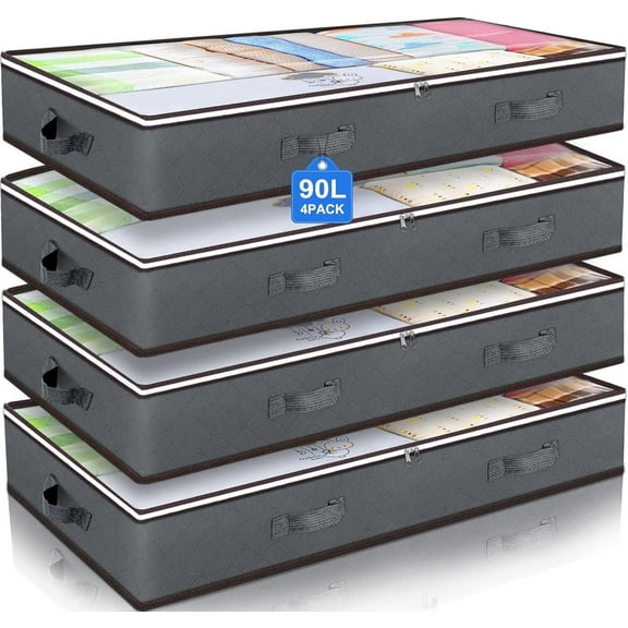 Asunby Underbed Storage Bags - 90L Foldable Closet Organizers for Blankets, Towels & Linens - Holds Comforters & More(4Pack Gray )