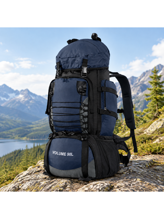 90L Blue Frameless Hiking Backpack with Rain Cover for Camping and Travel