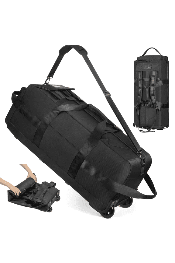 90L Rolling Duffle Bag, Foldable 34" Heavy-Duty Luggage with Wheels, Water-Resistant, Shoulder & Backpack Straps, Multiple Pockets for Travel, Weekend, Camping, Gym, Black