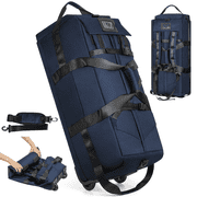 34-Inch Foldable Rolling Duffle Bag, 90L Water-Resistant Multi-Use Travel Bag with Wheels, Shoulder Straps & Hidden Backpack Straps for Travel, Weekend, Camping, Gym, Blue