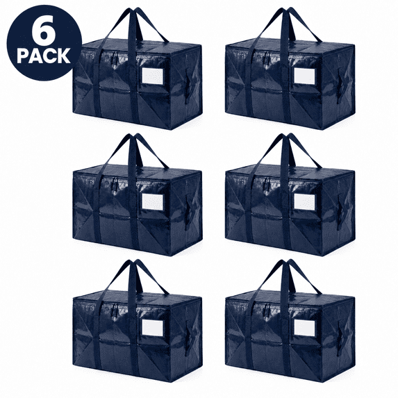 Moving Bags Heavy Duty Extra Large, with Reinforced Handles, Dual Zipper, Label Pocket, Large Storage Bags, Deep Blue, 6 Pack