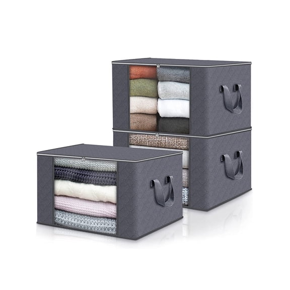 90L Large Clothes Storage Bags with Lids, 3-Pack Foldable Fabric Storage Bins for Closet Organization, with Reinforced Handles & Clear Window (Gray)