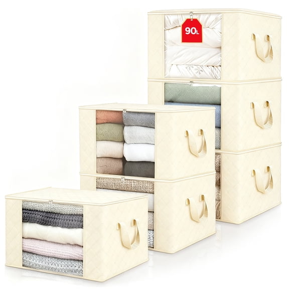 90L Large Clothes Storage Bags with Lids, 6-Pack Foldable Fabric Storage Bins for Closet Organization, with Reinforced Handles & Clear Window (Beige)