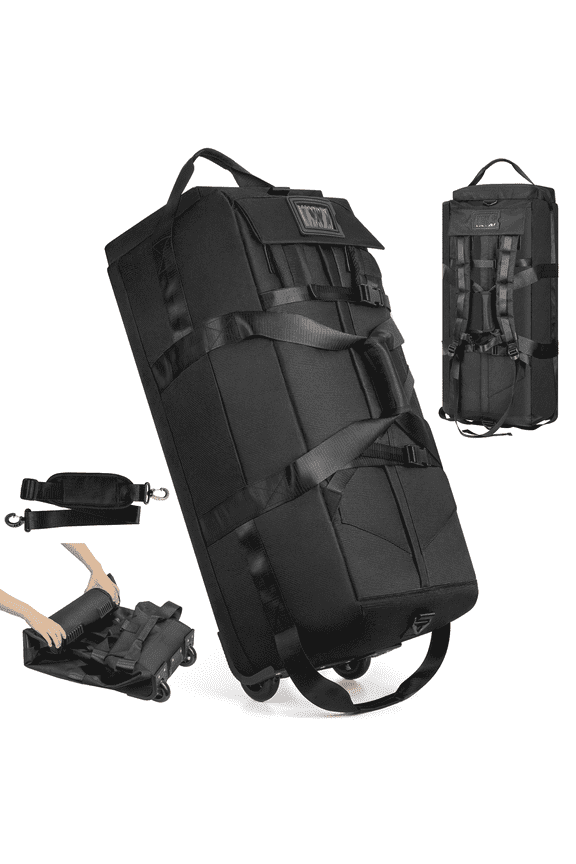 34-Inch Foldable Rolling Duffle Bag, 90L Water-Resistant Multi-Use Travel Bag with Wheels, Shoulder Straps & Hidden Backpack Straps for Travel, Weekend, Camping, Gym, Black