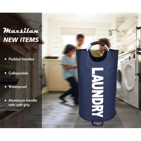 90L Large Laundry Basket, Collapsible Laundry Bag, Freestanding Tall Clothes Hamper, Foldable Washing Bin (Navy Blue,1PC)
