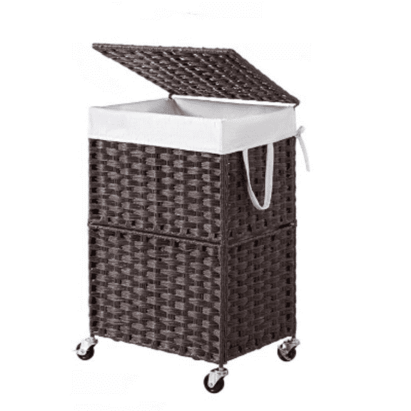 90L Large Laundry Hamper with Wheels,Rolling Laundry Basket with Lid anenovable Liner Bag,Handwoven Rattan  for bedroom, bathroom, laundry room (Brown)