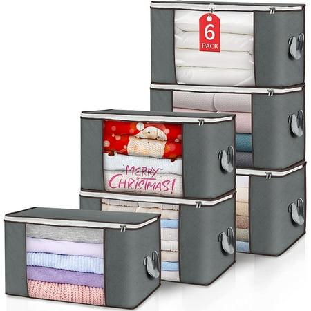 90L Large Storage Bags, 6 Pack Clothes Storage Bins Foldable Closet Organizer Storage Containers with Durable Handles Thick Fabric for Clothing, Blanket, Comforters, Bed Sheets, Pillows and Toys (Gray