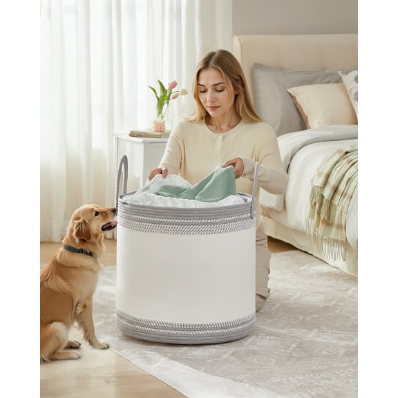 90L Oversized Laundry Basket with Drawstring Lid & Handles - Breathable Cotton Rope Storage Hamper for Clothes - Dove Gray