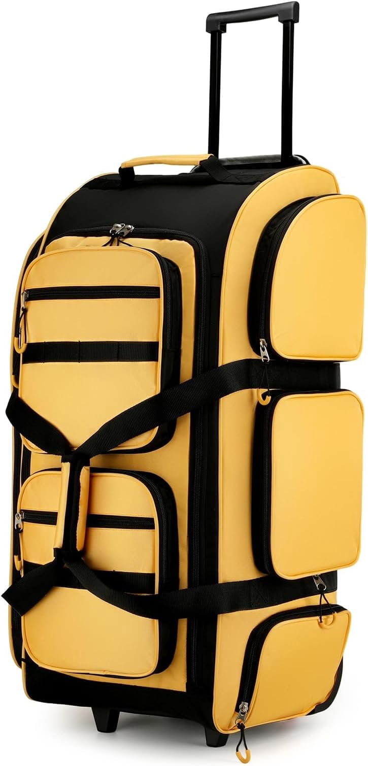 90L Rolling Duffle Bag with Wheels and Handle, 31" Large Duffle Bag for Travel, Carry  Luggage Duffel Bag with Shoe Compartment, Multi-Pocket, Water Resistant, Yellow