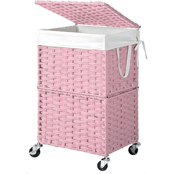 90L Slim Laundry Hamper with Wheels,Rolling Laundry Basket with Lid and Renovable Liner Bag,Handwoven Rattan Organizer for bedroom, bathroom, laundry room (Pink)