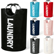 90L Tall Laundry Basket Bag, Large Freestanding Collapsible Laundry Bag, Waterproof Oxford Fabric Clothes Storage Basket with Padded Handles for Dorm, Bedroom & Travel, Black