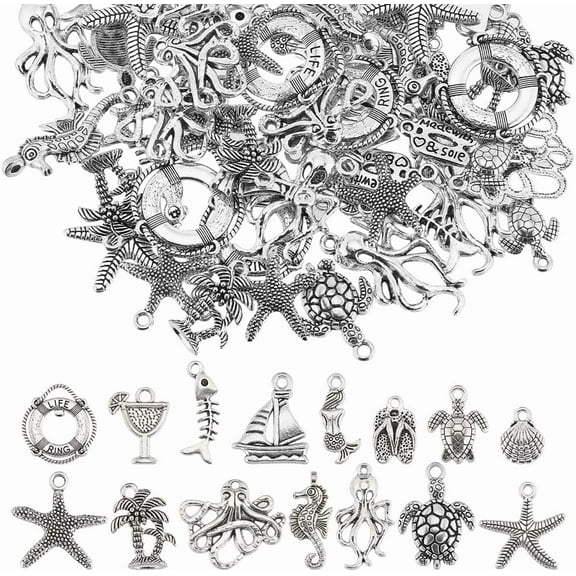 90PCS 15 STYLES Silver Ocean Charms Bulk Sea Life Charm Metal Alloy Summer Marine Hawaii Holiday Turtle Shell Animal Charms for Jewelry Making Charms Diy Earrings Bracelet Necklace Craft