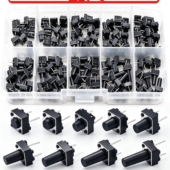 90PCS 2 Pin Tactile Push Button Switch Assortment Kit 6-12mm 9 Sizes 1 Pack