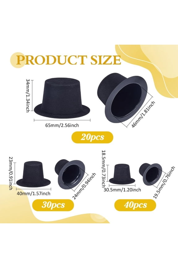 90PCS 3 Size Mini Top Hat Black Velvet Tiny Formal Hats Plastic Miniature Hats for DIY Decoration Party Birthday Wedding Family Gathering