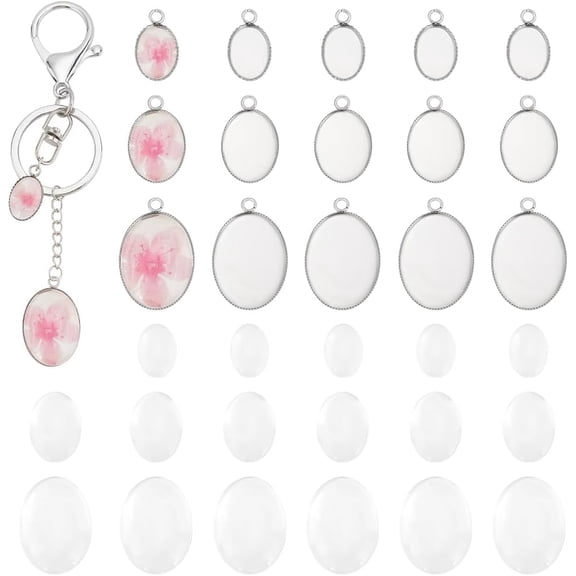 90PCS Bezel Pendant Blanks Settings - 45PCS Oval Pendant Trays with 45PCS Glass Cabochons Dome Photo Charms for Bouquet Bridal Wedding Brides Graduation Charm Craft Jewelry Making DIY