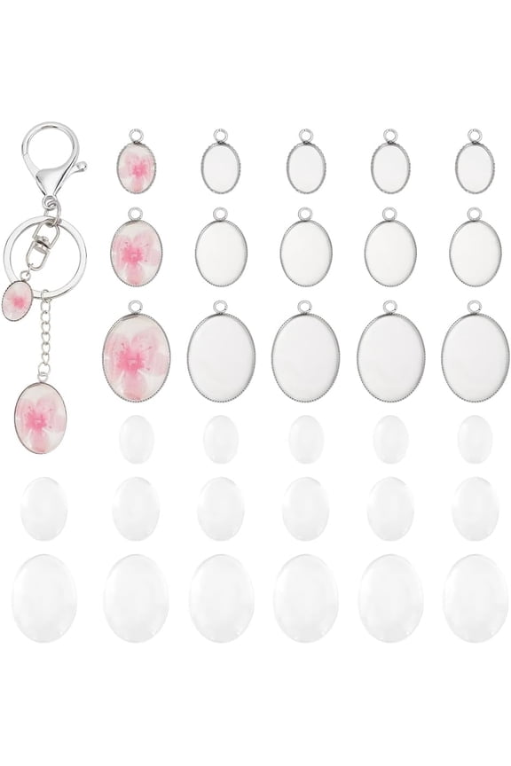 90PCS Bezel Pendant Blanks Settings - 45PCS Oval Pendant Trays with 45PCS Glass Cabochons Dome Photo Charms for Bouquet Bridal Wedding Brides Graduation Charm Craft Jewelry Making DIY