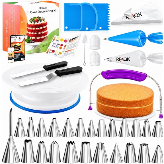 90PCs Cake Decorating Kit with Leveler, Baking Supplies Gift Includes Cake Stand Turntable, 24 Numbered Icing Tips, 55+1 Piping Bags, 2 Frosting Spatulas, 3 Scrappers, Video Course & Booklet
