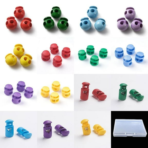 90Pcs 15 Styles Plastic Cord Locks Double Hole Drawstring Stopper Fastener Buttons Mixed Color 17~28x14~21x9~18mm Hole: 3~7.5mm 6pcs/style DIY