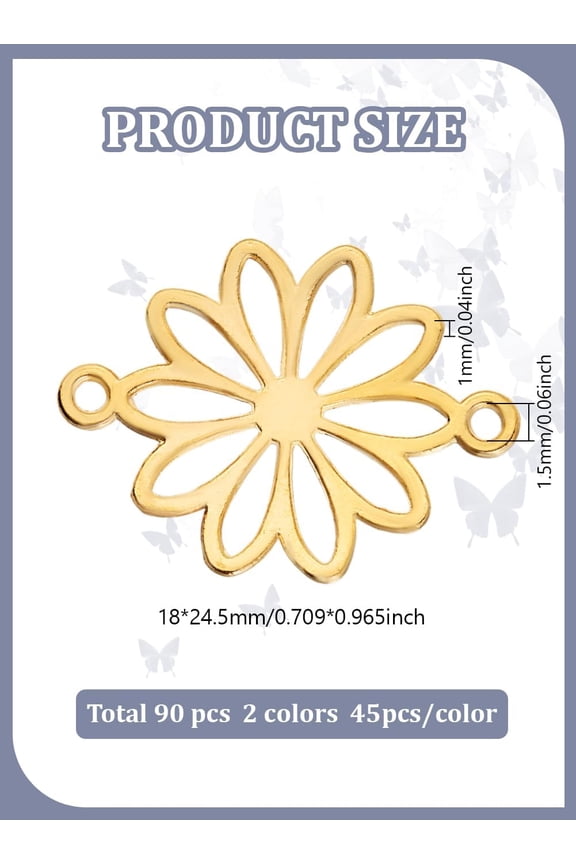 90Pcs 2 Colors Flower Connector Charms Daisy Flower Double Loop Pendants Alloy Links Connectors Pendant Connector Charms Craft Supplies for DIY Necklace Bracelet Jewelry Making Findings