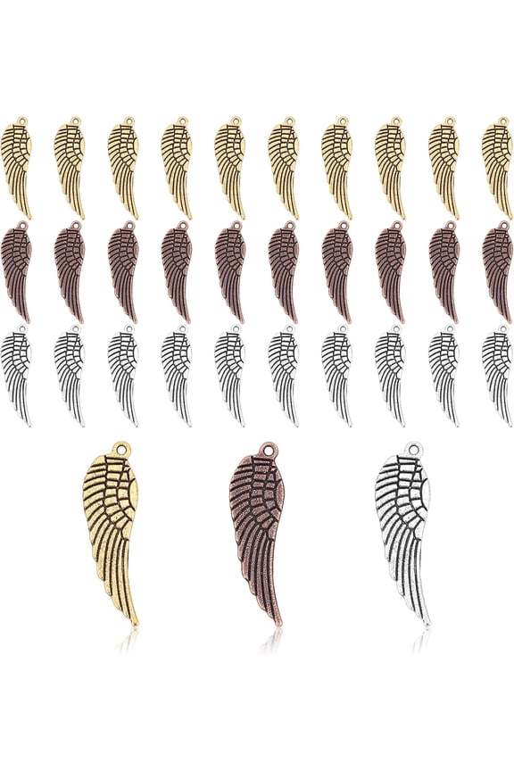 90Pcs 3 Colors Style Alloy Pendants Wing Charms Nickel Free Lead Free Cadmium Free Mixed Color 30x9x1.5mm Hole: 1.2mm