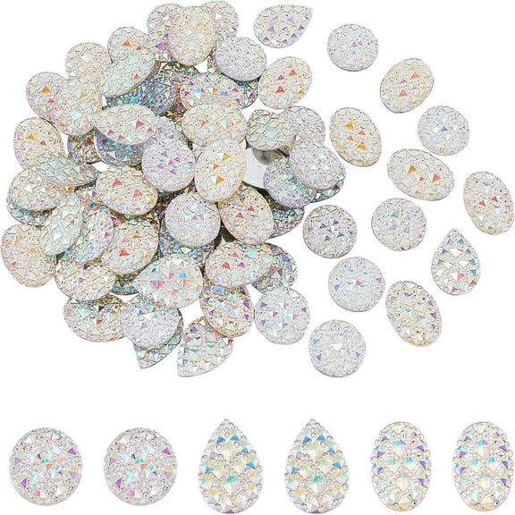 90Pcs 3 Style Resin Cabochons Bottom Silver Plated AB Color Plated Half Round/Dome Teardrop Oval White 30pcs/style