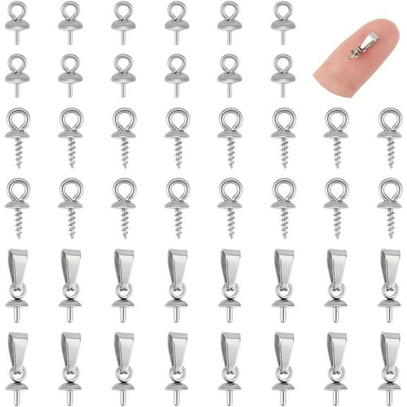 90Pcs 3 Style Stainless Steel Peg Bails Pendants Cup Peg Bails Pin Pendants Metal Pearl Screw Eye Pin Bail Nails Pendant Bails Clasps for Half Drilled Beads Jewellery Making Stainless Steel Color