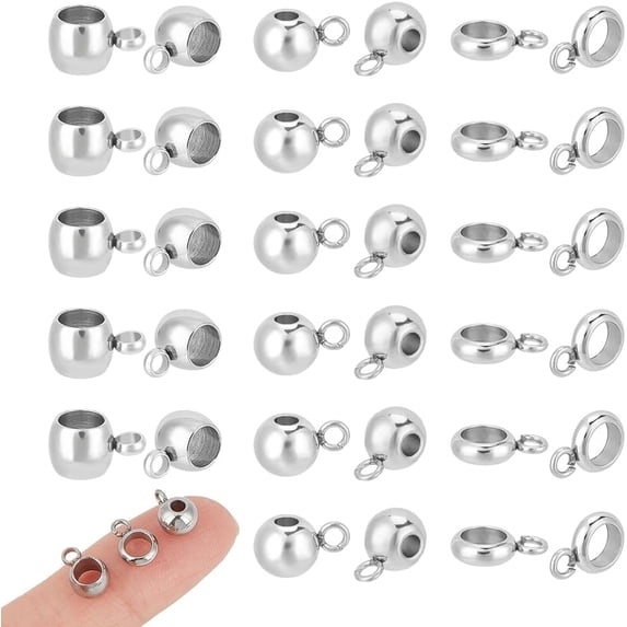 90Pcs 3 Styles Loop Bails 304 Stainless Steel Tube Bails Ring Bail Beads fit European Chains Hanger Connector Links Rondelle Bail Beads for Necklace Bracelet Jewelry Making DIY