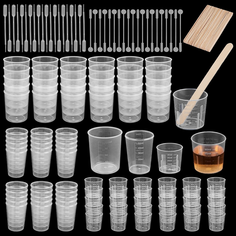 90Pcs 3 Styles Plastic Measuring Cup with 20Pcs Disposable Plastic Transfer Pipettes Clear