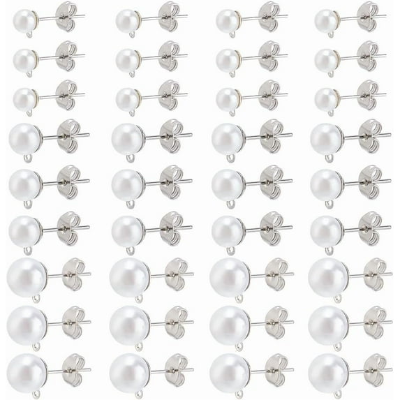 90Pcs 3Sizes Pearl Earring Posts 304 Stainless Steel Stud Earring Findings with Acrylic Imitation Pearl Beads Stud Earrings with Loop and 0.8mm Pin Stainless Steel Color for Earring Making