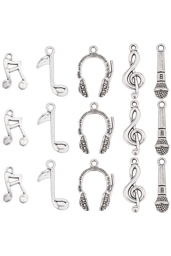 90Pcs 5 Styles Music Charms Bulk Musical Notes Charm Tibetan Silver Instrument Mini Symbol Sound Charm