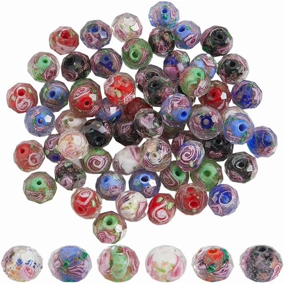 90Pcs 6 Colors Handmade Gold Sand Lampwork Beads Inner Flower Faceted Rondelle Mixed Color 9~10x7~8mm Hole: 1.5~2mm 15pcs/color Craft