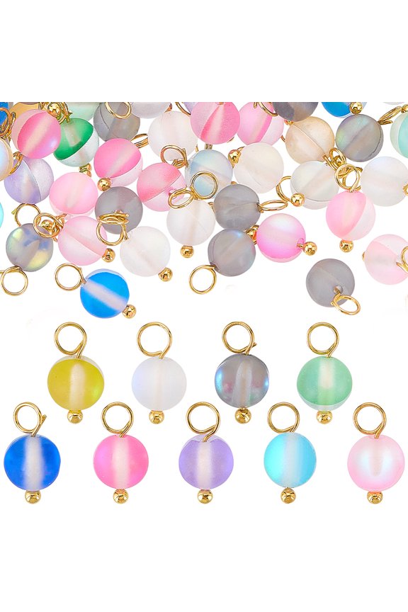 90Pcs 9 Colors Dyed Synthetic Moonstone Round Charms with Brass Loops Golden Mixed Color 10.5x6mm Hole: 1.8mm 10pcs/color