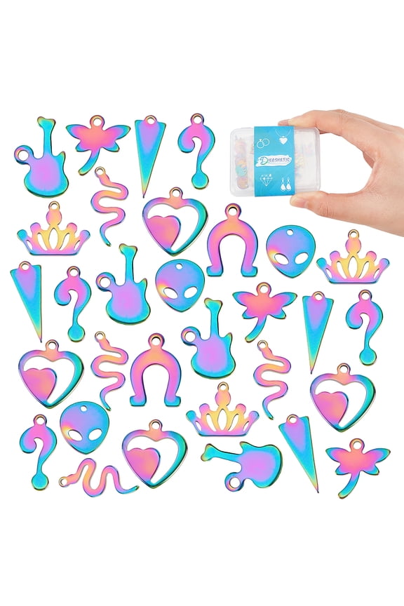 90Pcs 9 Style Rack Plating 304 Stainless Steel Charms Mark Alien Question Mark Rainbow Color 10~15x5.5~12x0.5~2mm Hole: 1~1.6mm
